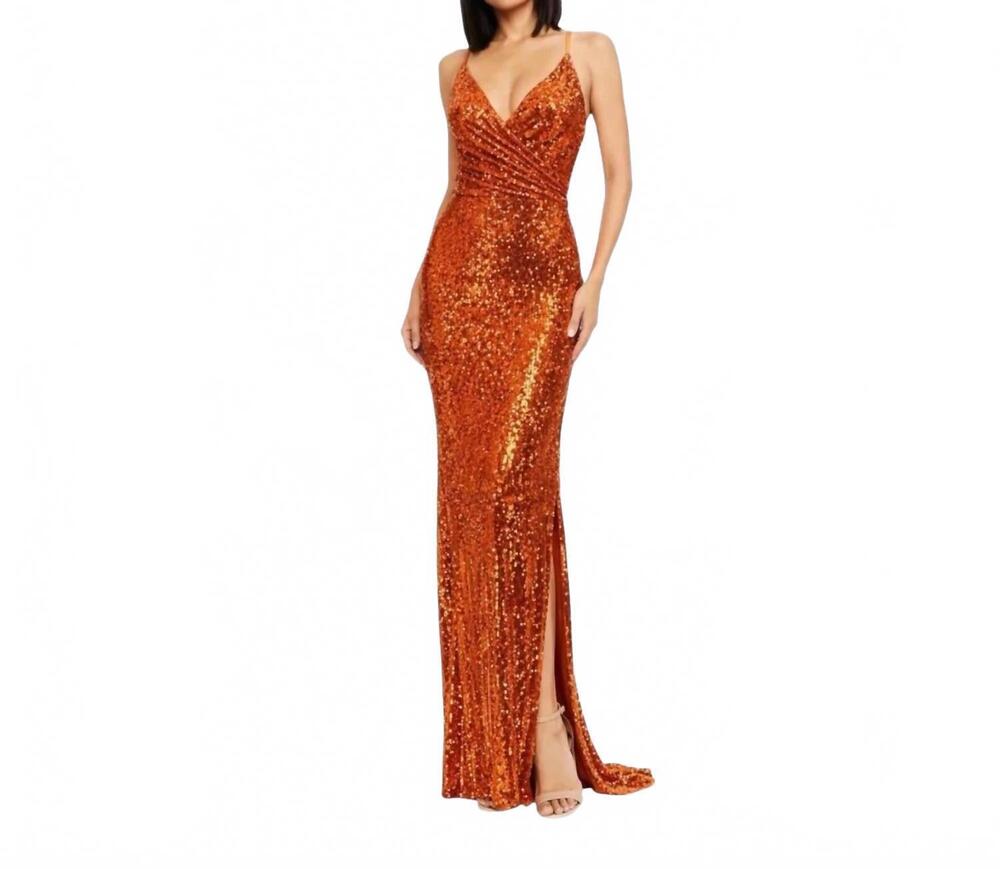 NEW DRESS THE POPULATION women's jordana sequin gown in orange